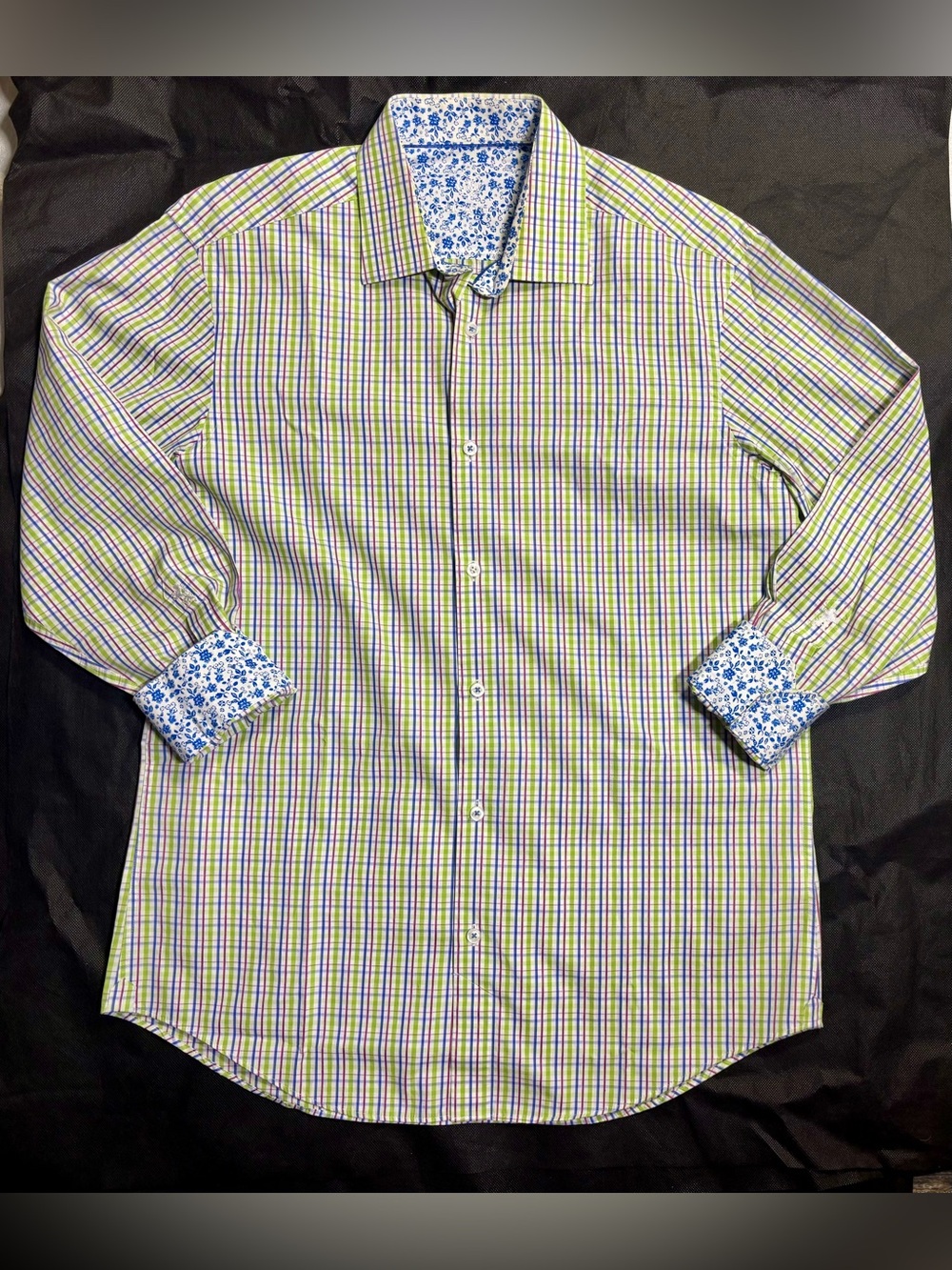 Bugatchi Green Plaid Button-Down with Blue Floral Trim